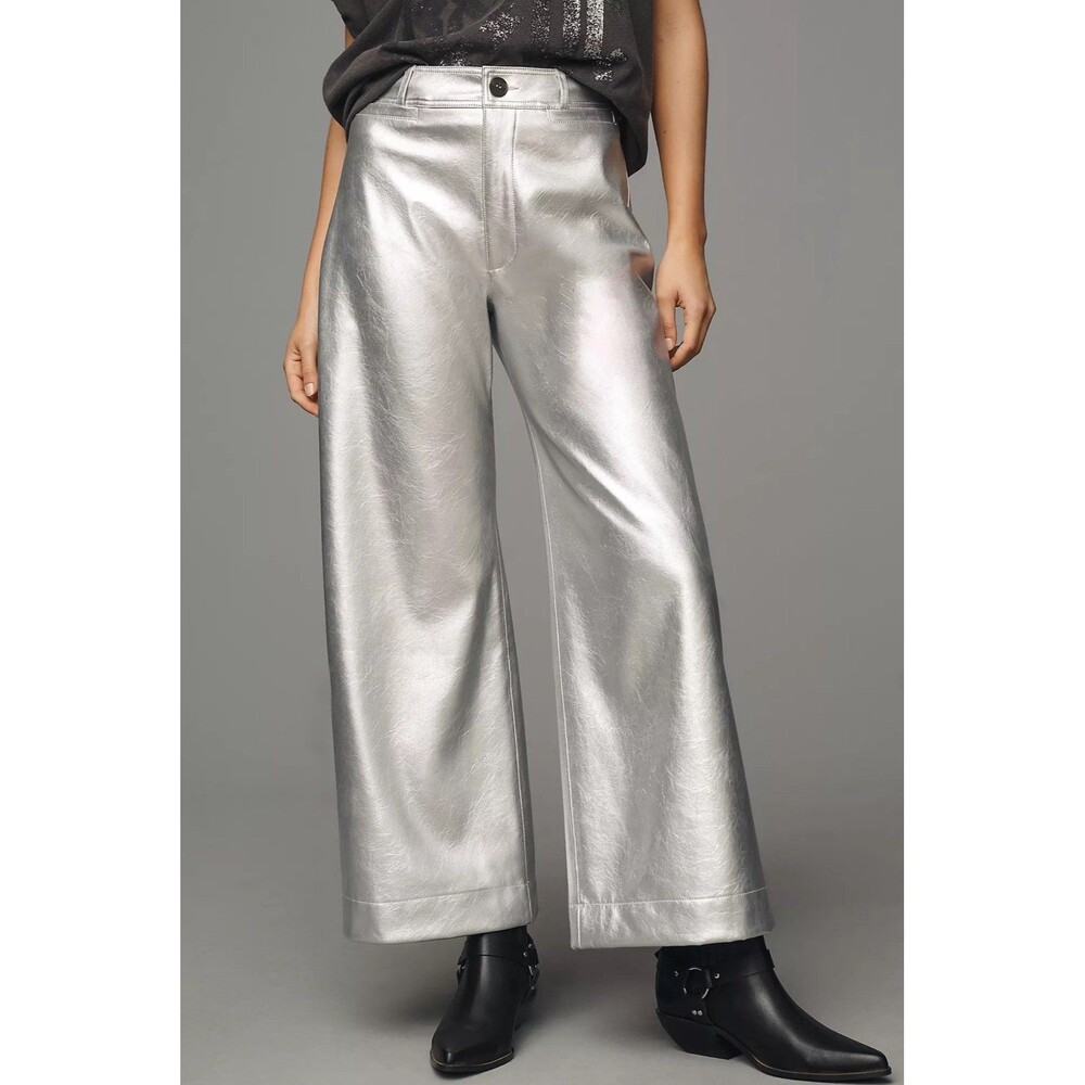 Maeve The Ettie High Rise Crop Wide-Leg Pants Metallic Faux-Leather Size 26 - Picture 6 of 16